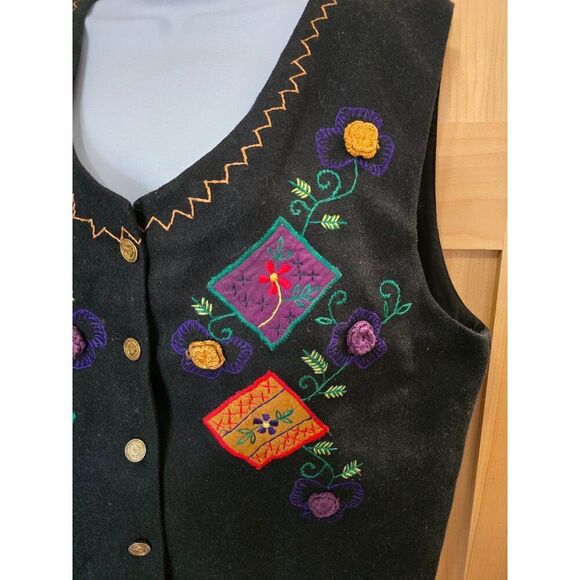 Vintage Wool Floral Embroidered Vest  Colorful Patchwork Design & Gold Buttons - Picture 3 of 10
